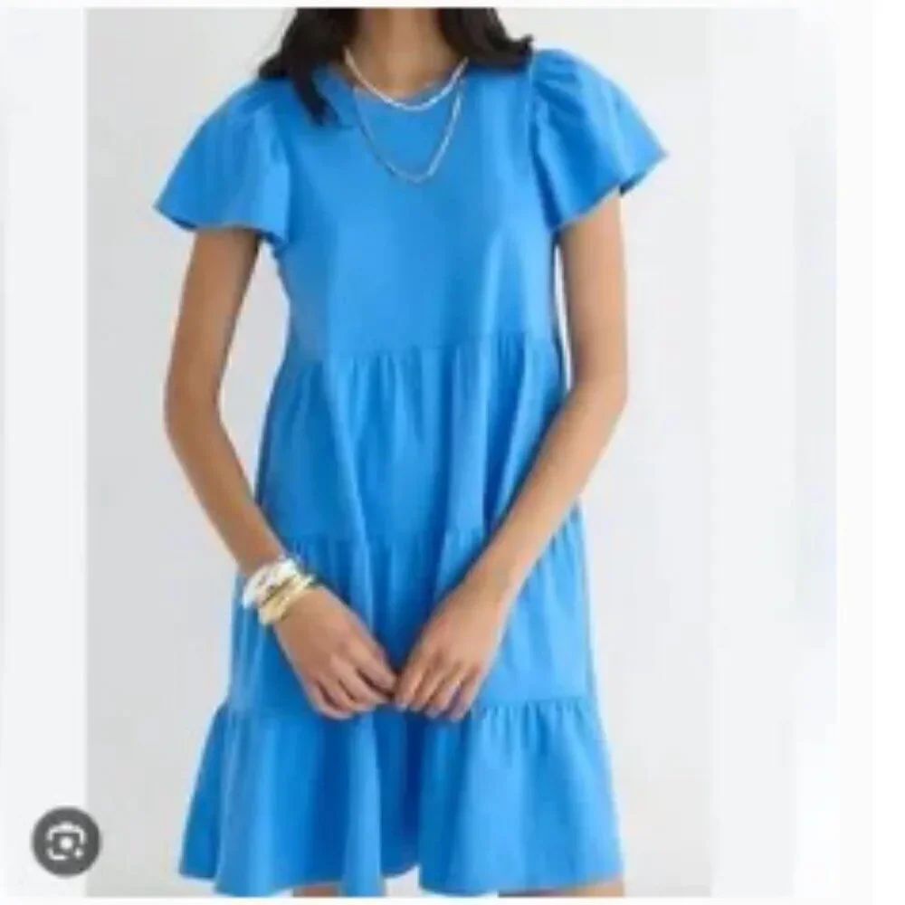 J.Crew Factory Flutter Sleeve Knit Tiered Mini Dress in Blue CA442 size XXS NEW